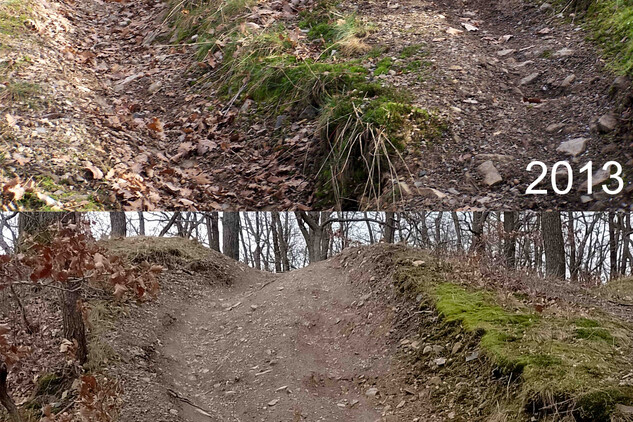 Eroze způsobená cyklisty na koruně valu v severovýchodní části oppida Závist (vrch Šance). Srovnání stavu z let 2013 a 2024 (foto V. Gut, M. Kapic).